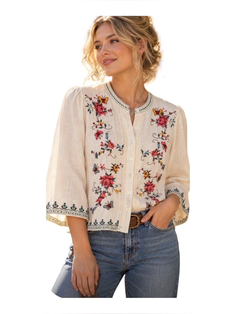 Solitaire Linen Blend Cross Stitch Embroidered Top Size Small Bell Sleeves